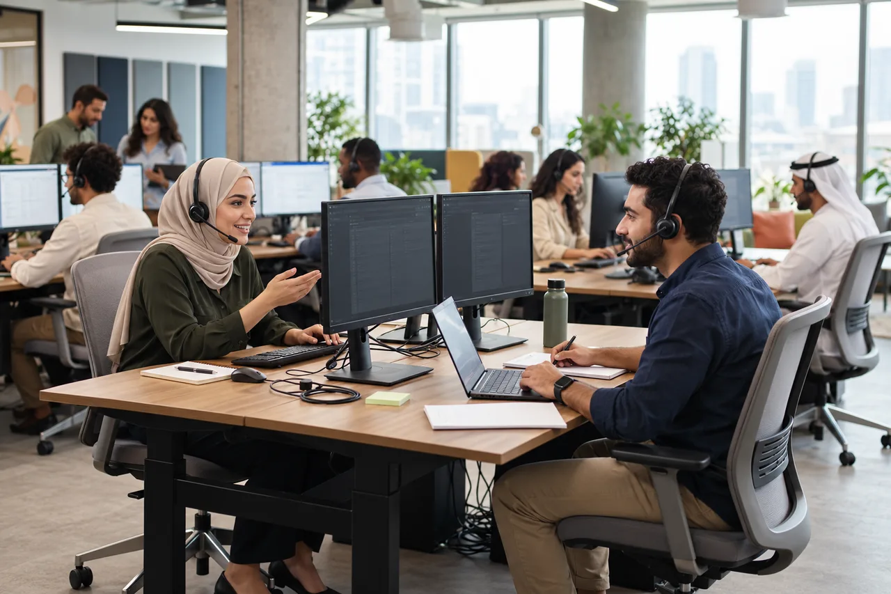 An illustrative customer-operations team with varied skin tones working together with headsets in a modern office
